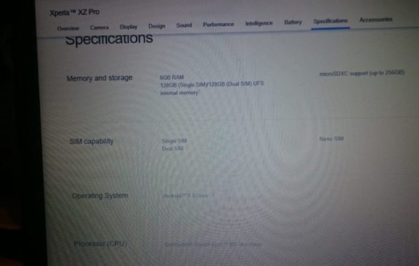 Specificaciones Xperia XZ Pro