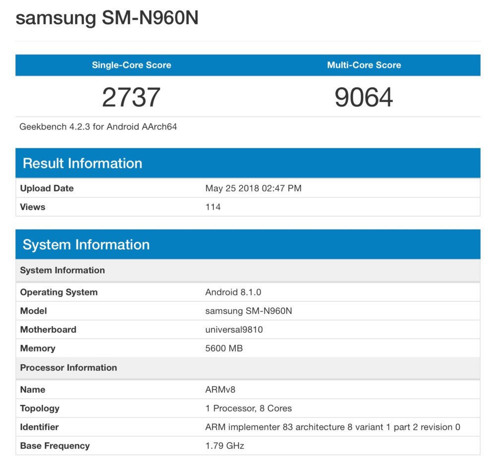 Benchmark filtrado Samsung Galaxy Note9