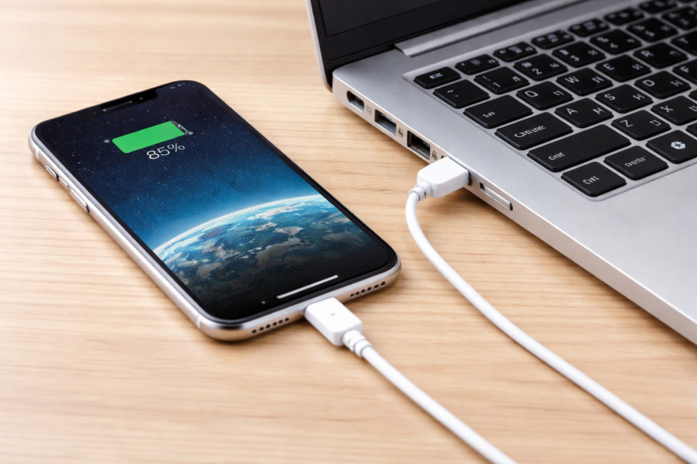 Teléfono inteligente cargando conectado a un portátil en una mesa de madera. Pantalla muestra 85% de batería.