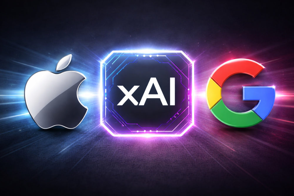 Logos de Apple, xAI y Google en fondo oscuro brillando con luces de neón.