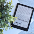 Análisis del lector BOOX Go 6 (Gen. II) y el pasador de páginas BOOX Tappy Ebook lector sobre mesa blanca junto a una planta, con texto en pantalla y botones de control visibles.