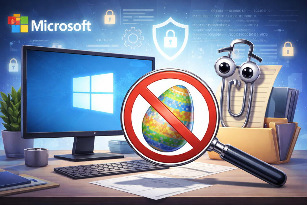 ¿Por qué Windows y Office ya no esconden Huevos de Pascua? Pantalla de computadora con logo de Windows, lupa señalando un huevo prohibido, símbolo de seguridad y clip sonriente.