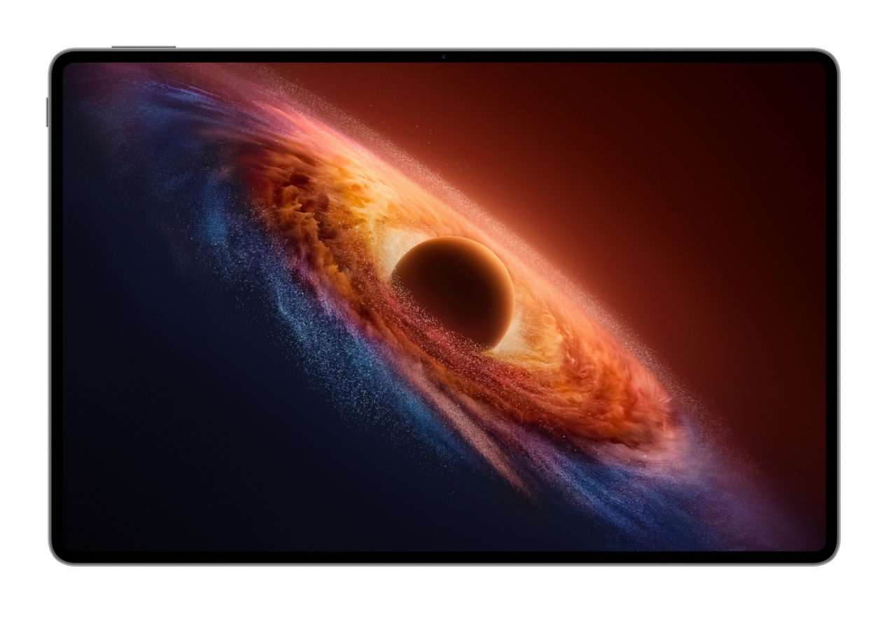 Pantalla de tablet mostrando un agujero negro en el espacio con visuales vibrantes y colores intensos.