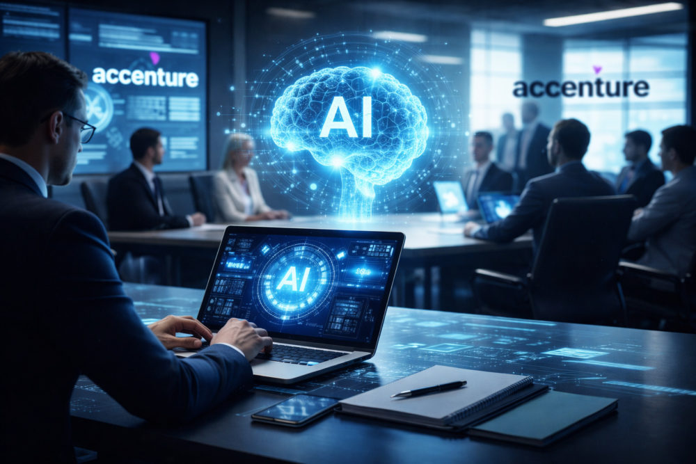 Accenture lo deja claro: si no usas IA, no llegarás a puestos de liderazgo en la compañía Reunión empresarial sobre inteligencia artificial en Accenture, con holograma de cerebro y portátiles avanzados.