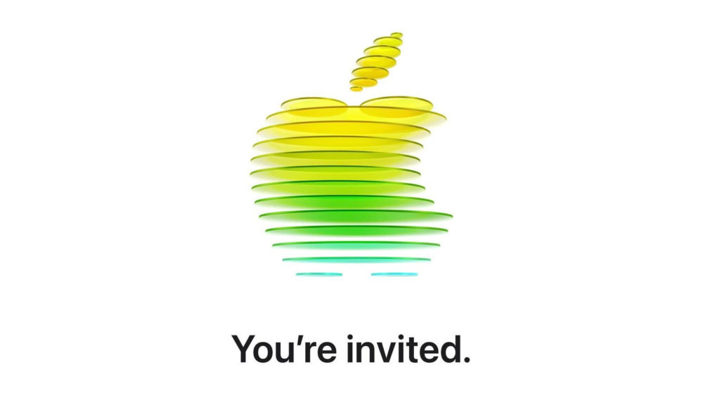 Apple anuncia un evento especial el 4 de marzo: ¿iPhone 17e y más novedades a la vista? Logotipo de manzana en amarillo y verde con texto Estás invitado en fondo blanco. Invitación a evento tecnológico.