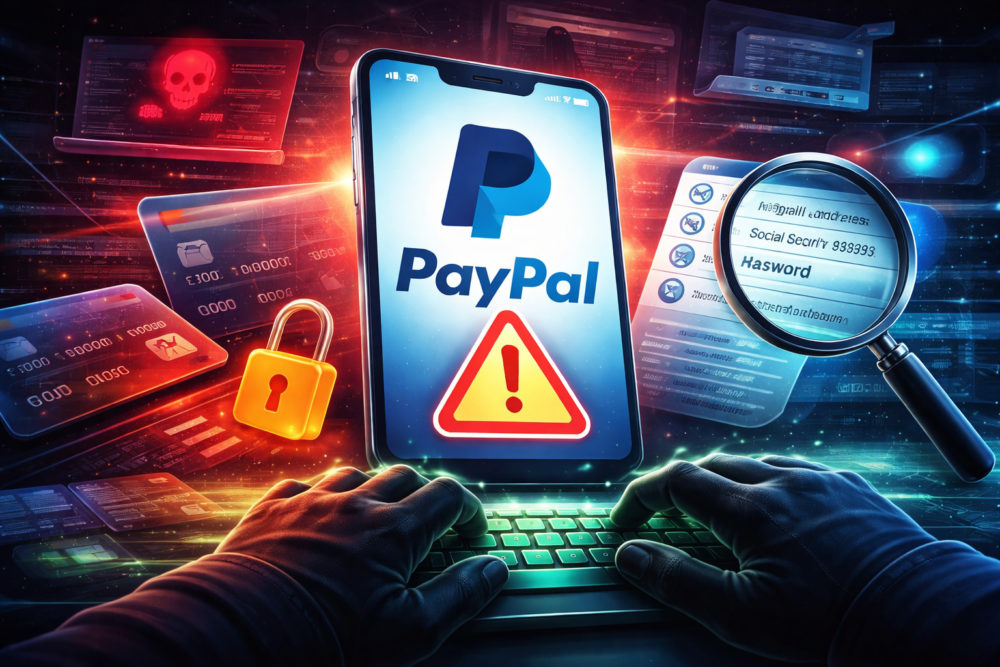 Alerta de seguridad en PayPal: Datos sensibles expuestos durante meses Advertencia de seguridad en PayPal, con hacker, lupa y candado digital.