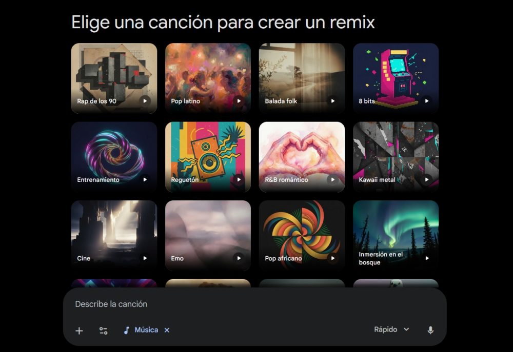 Google lanza Lyria 3 gratis: crea canciones en segundos desde Gemini Interfaz de selección de música para remixes: géneros como rap, pop latino, reguetón, emo y más.