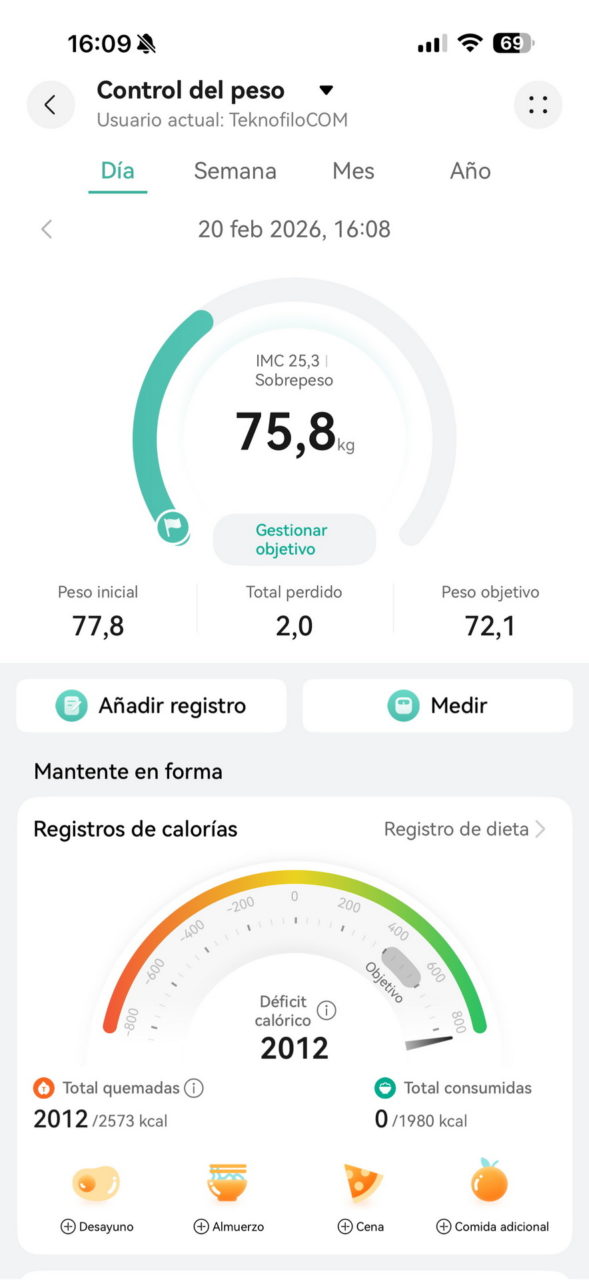 Aplicación de control de peso: IMC 25.3, peso 75.8 kg, objetivo 72.1 kg, calorías quemadas 2012, consumidas 0.