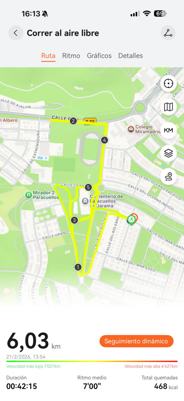 Ruta de carrera al aire libre en Paracuellos con distancia de 6,03 km y duración de 42:15 minutos.