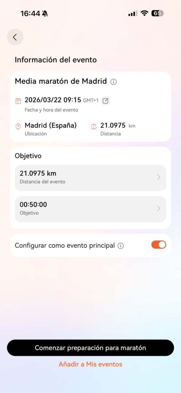 Pantalla de información del evento Media Maratón de Madrid 2026: fecha, hora, ubicación y distancia.