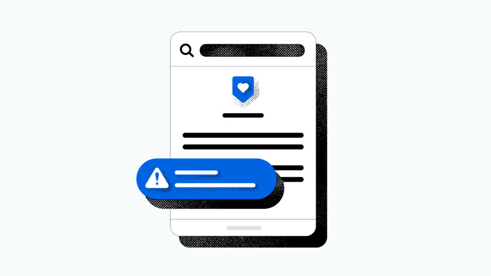 Icono de advertencia azul sobre documento con un escudo y corazón, simbolizando seguridad de datos en línea.