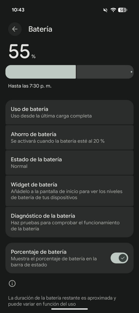 Pantalla de configuración de batería mostrando 55% de carga restante y opciones de ahorro y diagnóstico.