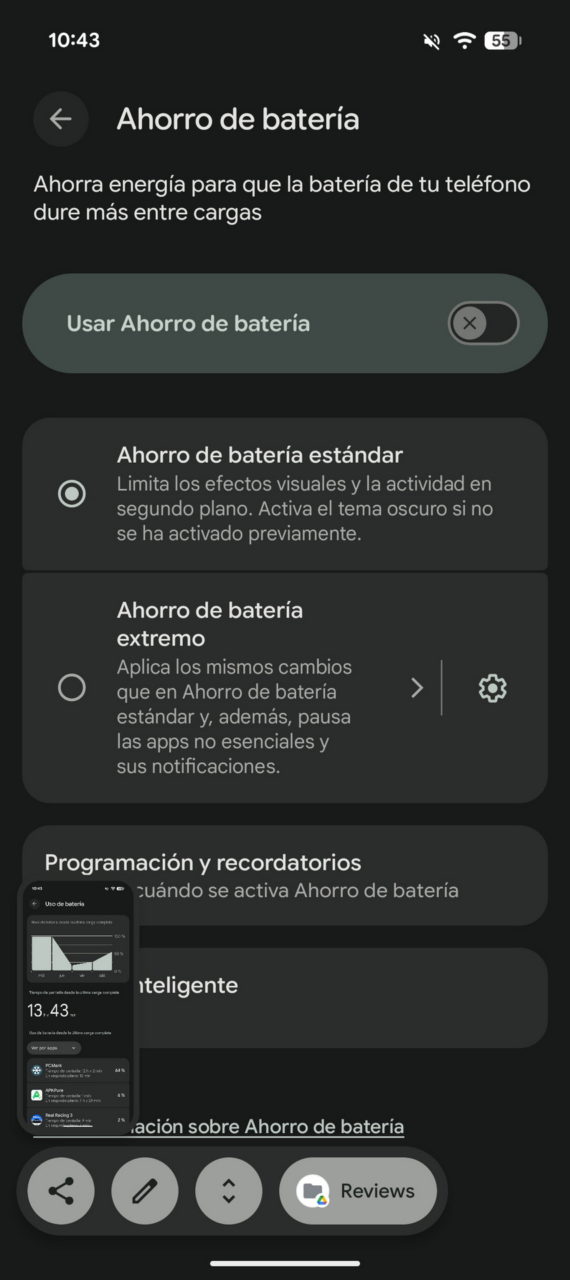 Pantalla de configuración de ahorro de batería en un teléfono, muestra opciones estándar y extremo.