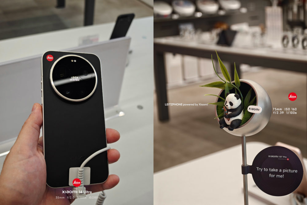 Filtrado el Leica Leitzphone powered by Xiaomi antes de su lanzamiento global Teléfono Xiaomi con cámara Leica y panda decorativo en exhibición tecnológica.
