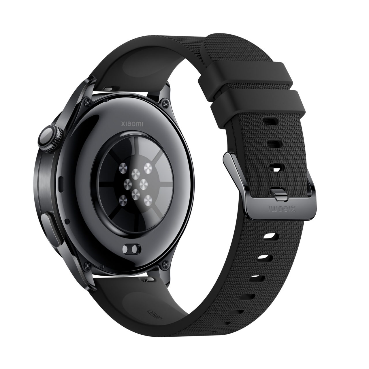 Reloj inteligente Xiaomi negro con correa deportiva. Vista trasera detallada del diseño y sensores.