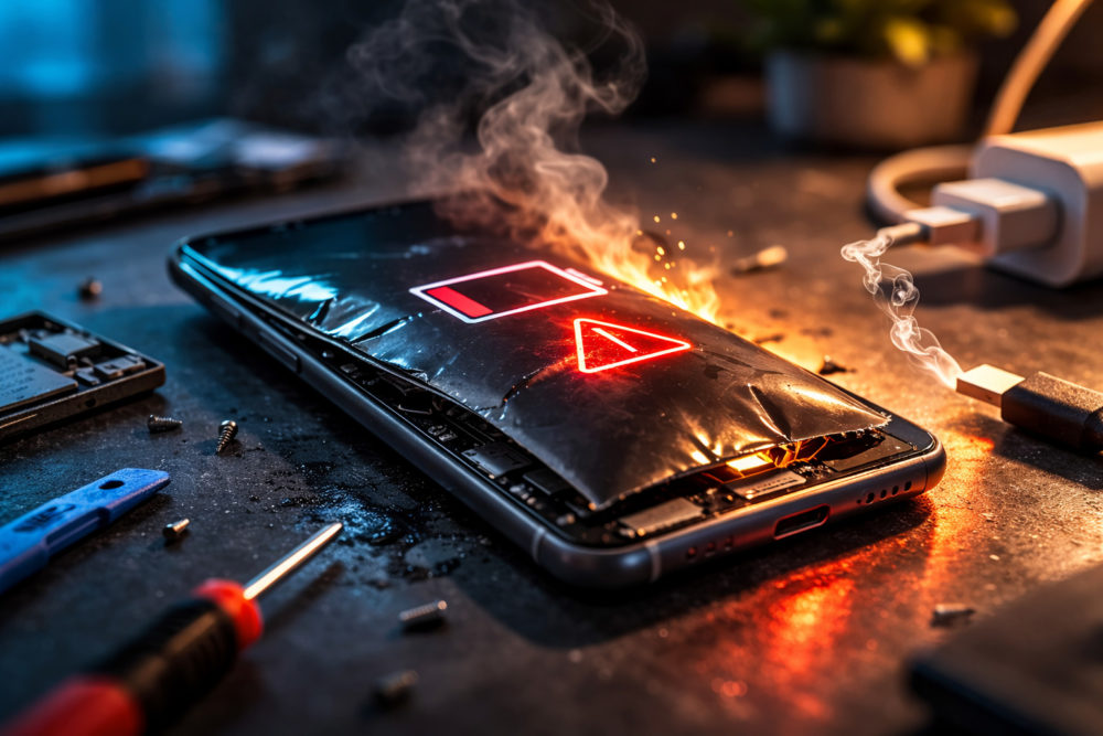 ¿Batería hinchada en tu móvil? Esto es lo que debes hacer inmediatamente Teléfono sobrecalentado con advertencia de batería, mostrando humo y daños, herramientas al fondo. Tecnología en peligro.