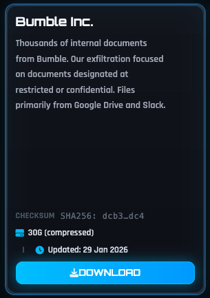 Pantalla de descarga de documentos internos de Bumble Inc. con fecha de actualización: 29 enero 2026.