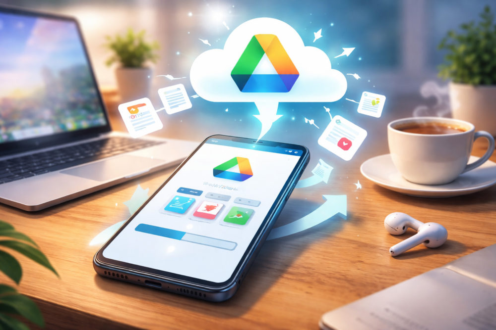 Tus descargas de Android ya no estarán en riesgo: Google activa el backup automático en Drive Dispositivo con icono de almacenamiento en la nube y elementos digitales flotando, oficina moderna al fondo.