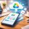 Tus descargas de Android ya no estarán en riesgo: Google activa el backup automático en Drive Dispositivo con icono de almacenamiento en la nube y elementos digitales flotando, oficina moderna al fondo.