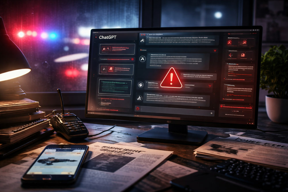 Los chats que encendieron las alarmas en OpenAI antes del tiroteo en Canadá Pantalla de computadora con alerta roja en oficina, luces de policía reflejadas en la ventana, periódicos y radio en la mesa.
