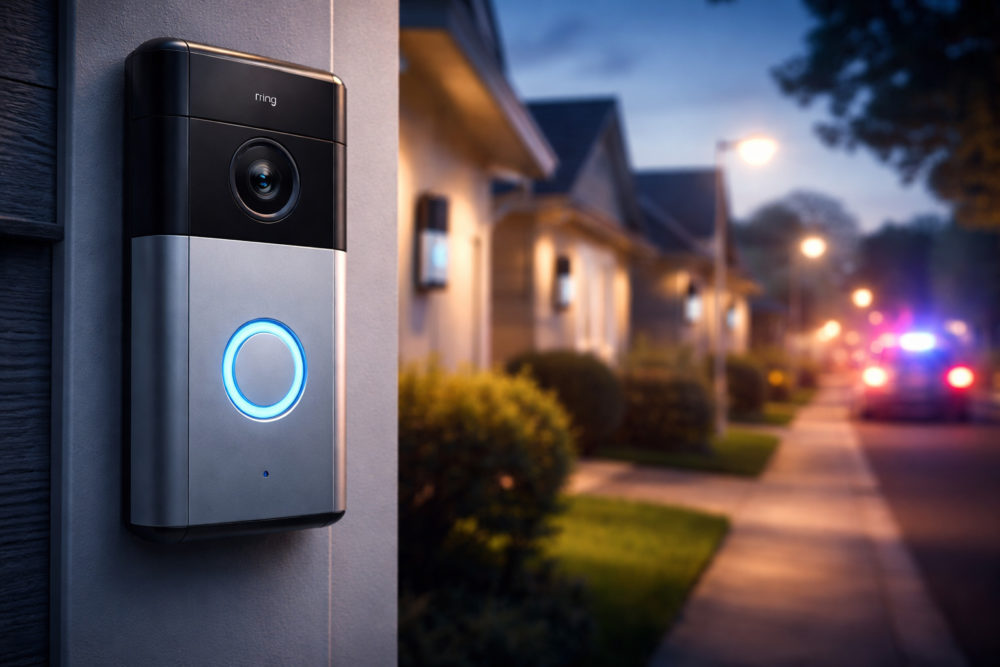 Ring planea acabar con la delincuencia con una controvertida función Timbre de video en casa inteligente durante la noche en un vecindario iluminado. Seguridad y tecnología avanzadas.