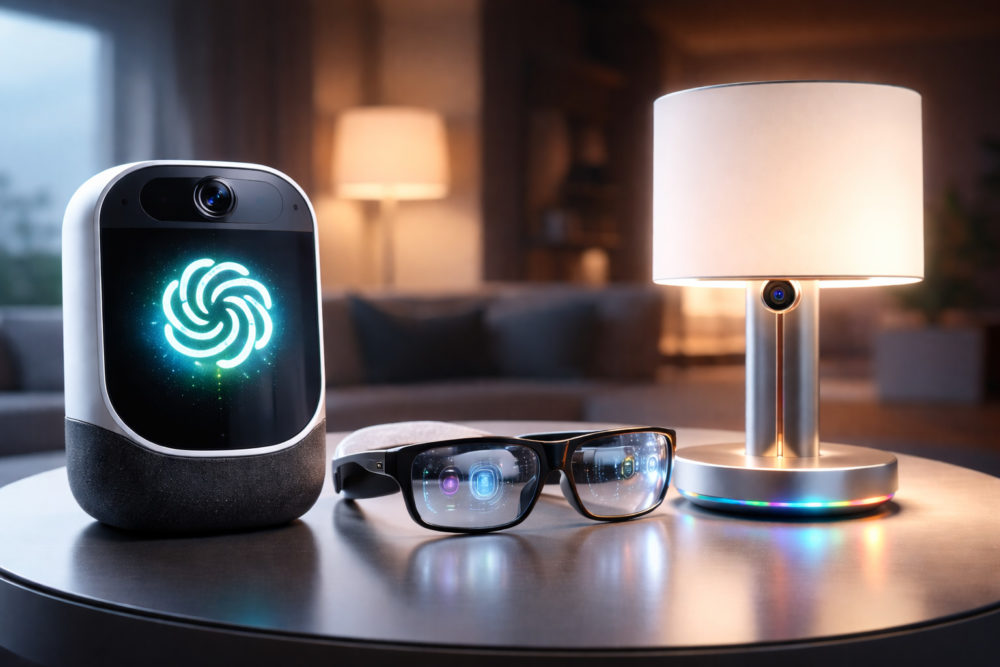 Filtrados los tres dispositivos que prepara OpenAI con Jony Ive, exdiseñador jefe de Apple Dispositivos de hogar inteligente: altavoz, lámpara y gafas tecnológicas en mesa moderna iluminada.