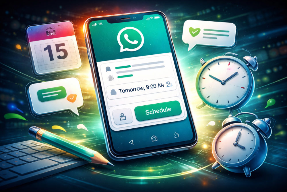 WhatsApp por fin prepara los mensajes programados: esto es lo que sabemos Teléfono mostrando app de mensajería con recordatorios, calendario y despertadores, simbolizando gestión de tiempo.