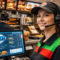 Burger King utilizará una IA para comprobar si sus empleados son amables Empleado de restaurante de comida rápida usando auriculares, junto a pantalla con menú digital. Atención al cliente eficiente.