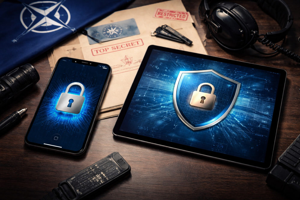 Seguridad de nivel OTAN en tu bolsillo: el nuevo hito de Apple Dispositivos con pantalla de candado digital, documentos secretos y equipos de comunicación sobre un escritorio.