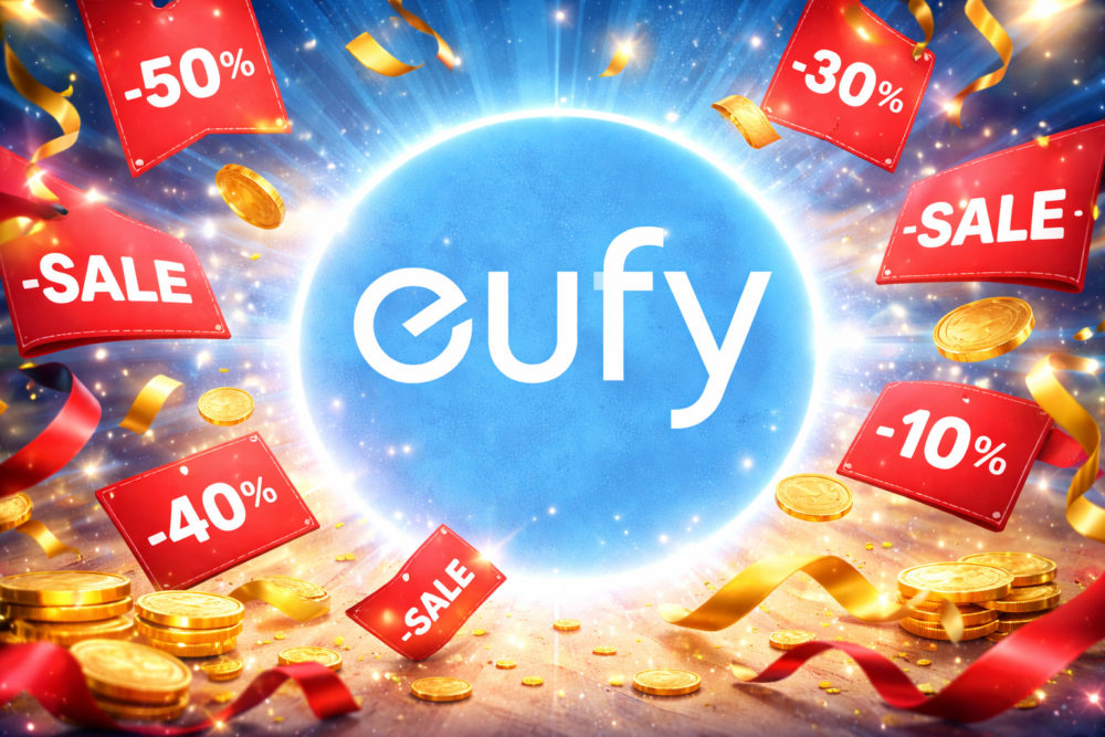 eufy lanza sus ofertas de primavera con grandes descuentos en cámaras y robots aspirador en Amazon Ofertas de Eufy con descuentos del 10% al 50%, etiquetas de venta y monedas doradas sobre fondo azul.
