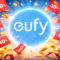 eufy lanza sus ofertas de primavera con grandes descuentos en cámaras y robots aspirador en Amazon Ofertas de Eufy con descuentos del 10% al 50%, etiquetas de venta y monedas doradas sobre fondo azul.