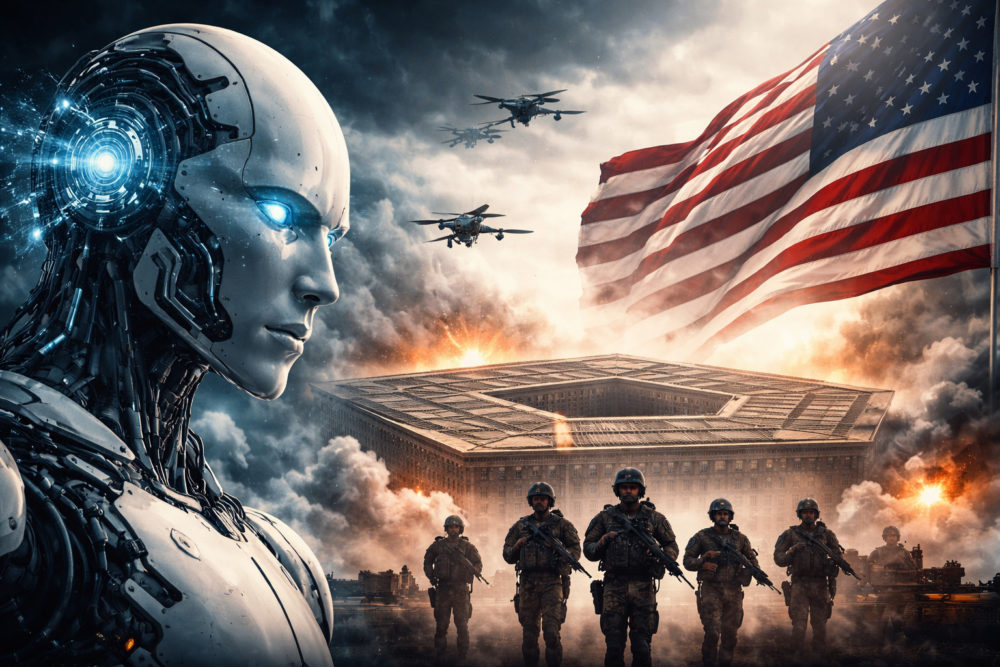 Trump rompe con Anthropic y desata una crisis histórica en la IA militar Robot futurista y soldados frente al Pentágono, con bandera estadounidense y helicópteros en el aire.