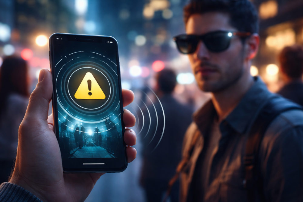 Esta app te avisa si hay gafas inteligentes cerca de ti Teléfono mostrando alerta de seguridad digital en ciudad nocturna, hombre desenfocado al fondo.