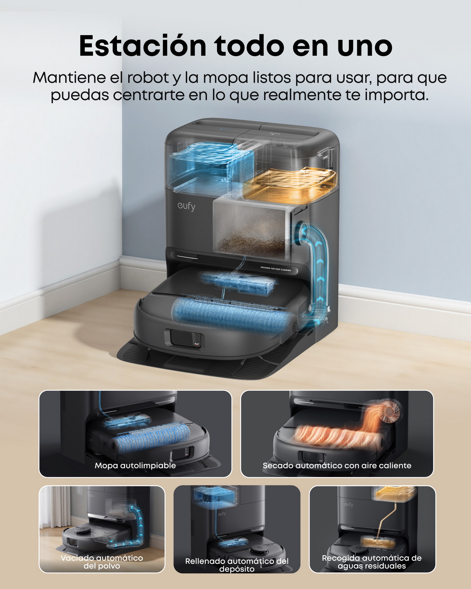 Estación de limpieza todo en uno con mopa autolimpiante y secado automático. Facilita el mantenimiento del hogar.