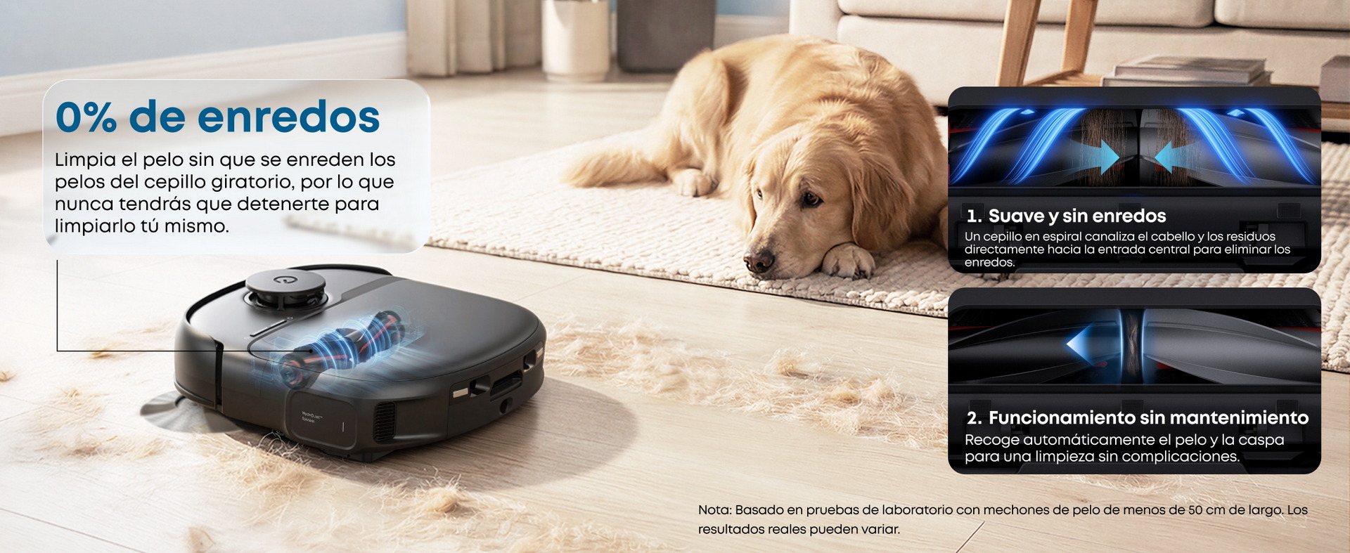 Aspiradora robótica sin enredos limpiando pelo de mascota en alfombra mientras perro descansa cerca.