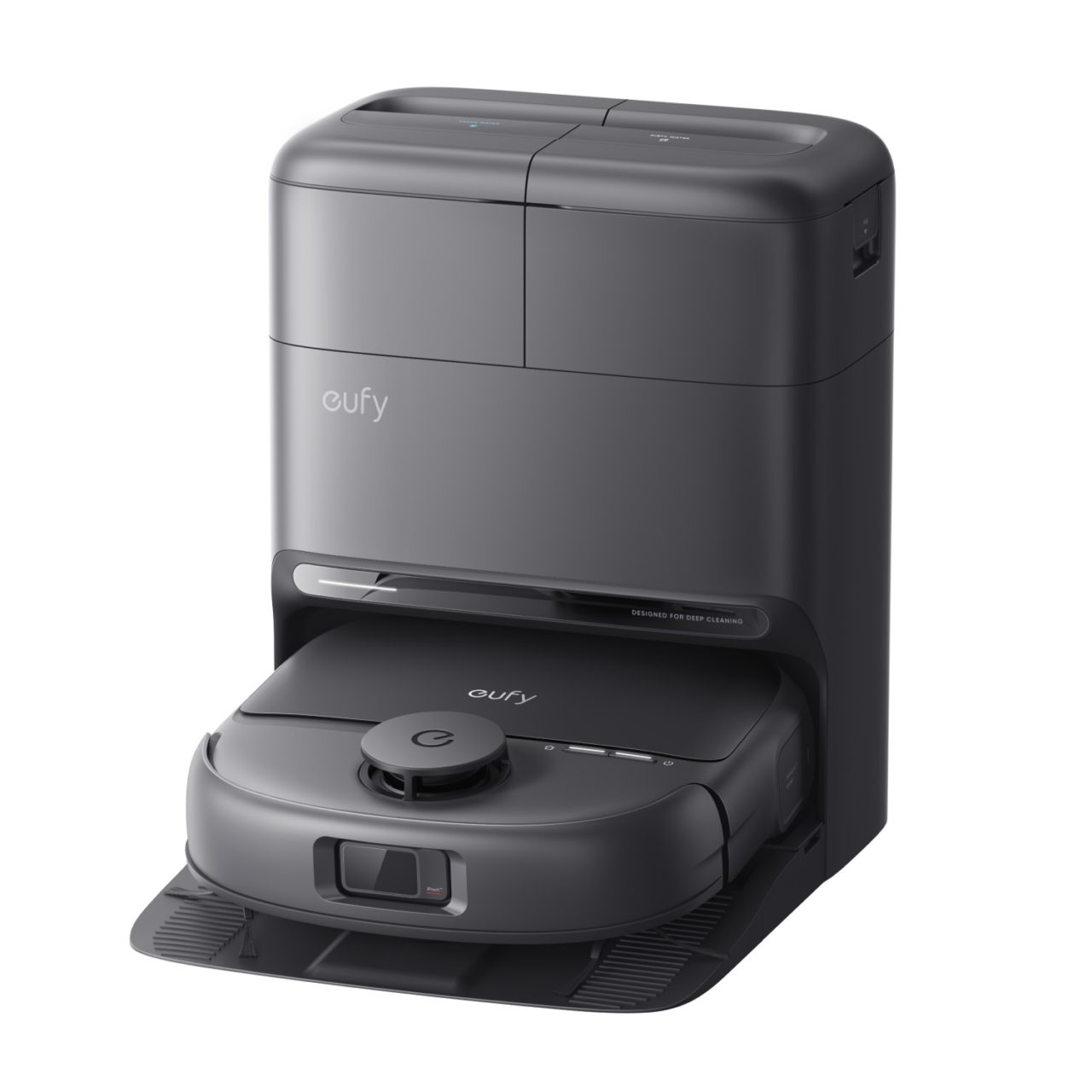 Aspiradora robot Eufy en estación de carga, innovadora y eficiente para limpieza automática del hogar.