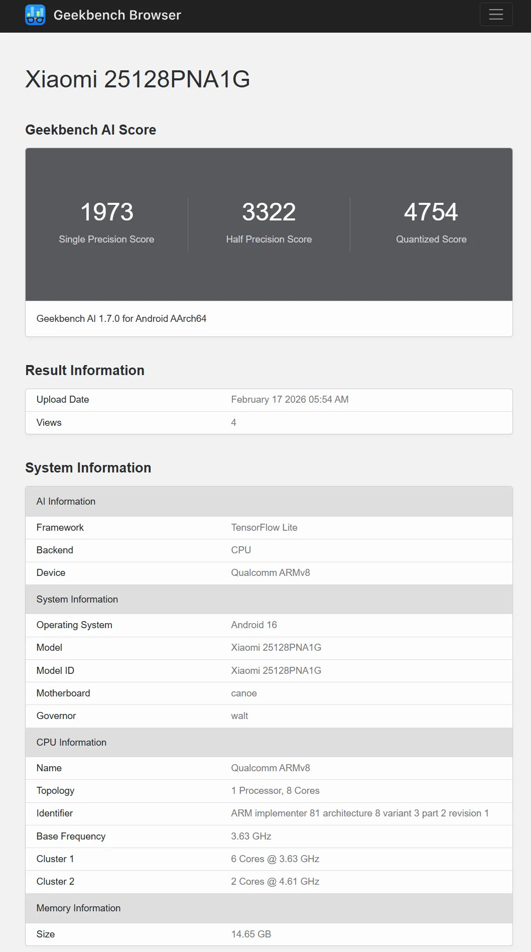 Resultados de Geekbench para Xiaomi 25128PNA1G: puntuaciones AI, información del sistema y CPU ARMv8.