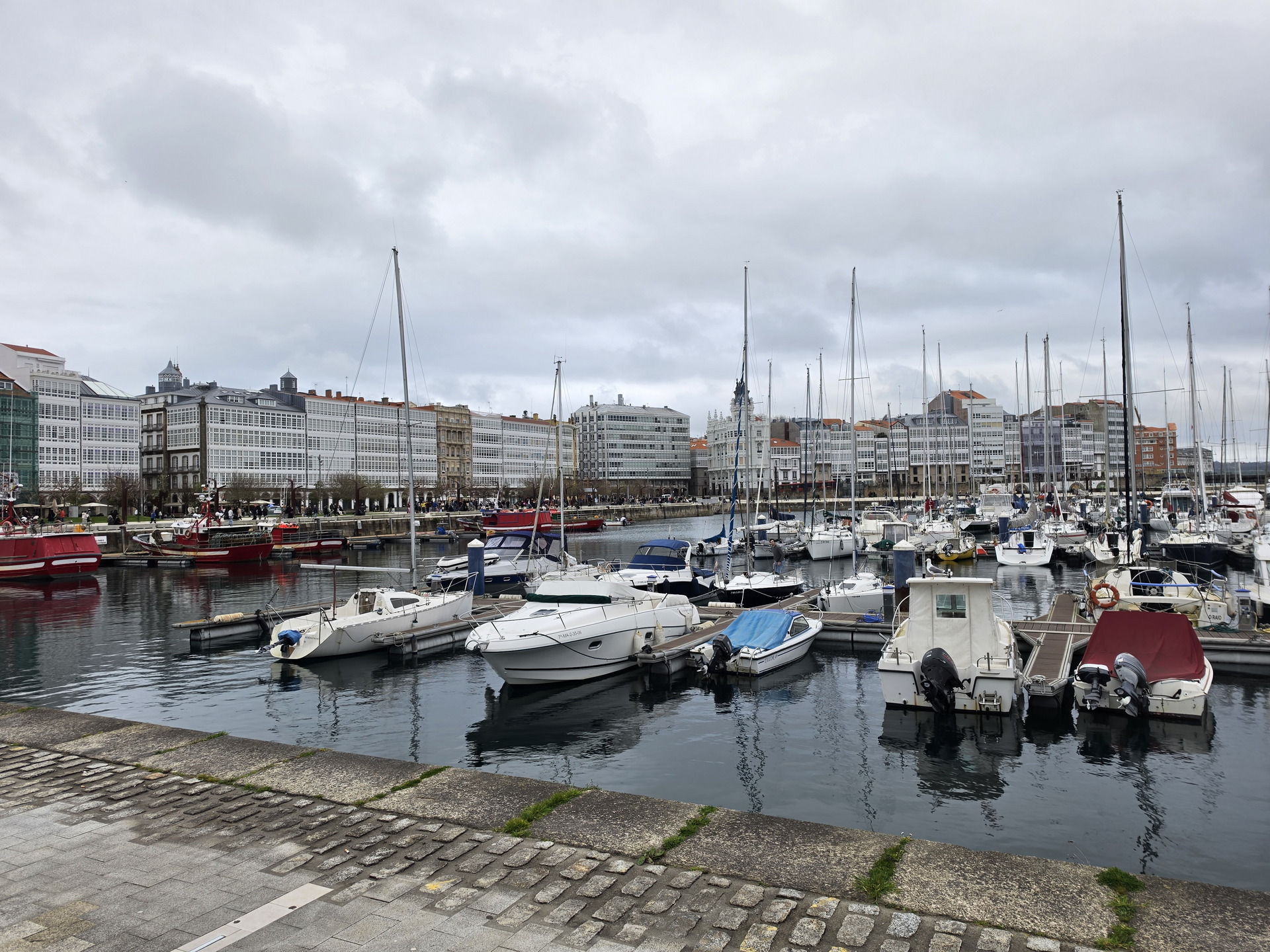 Puerto deportivo en ciudad gallega con barcos atracados y edificios acristalados al fondo en día nublado.