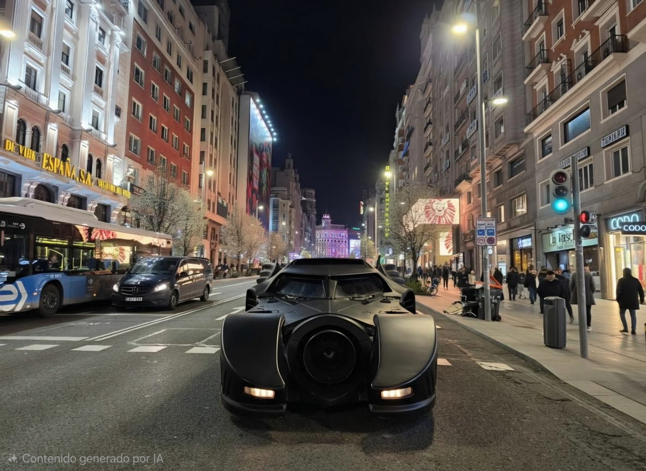 Coche negro futurista en calle iluminada de ciudad europea, con edificios y tráfico nocturno.