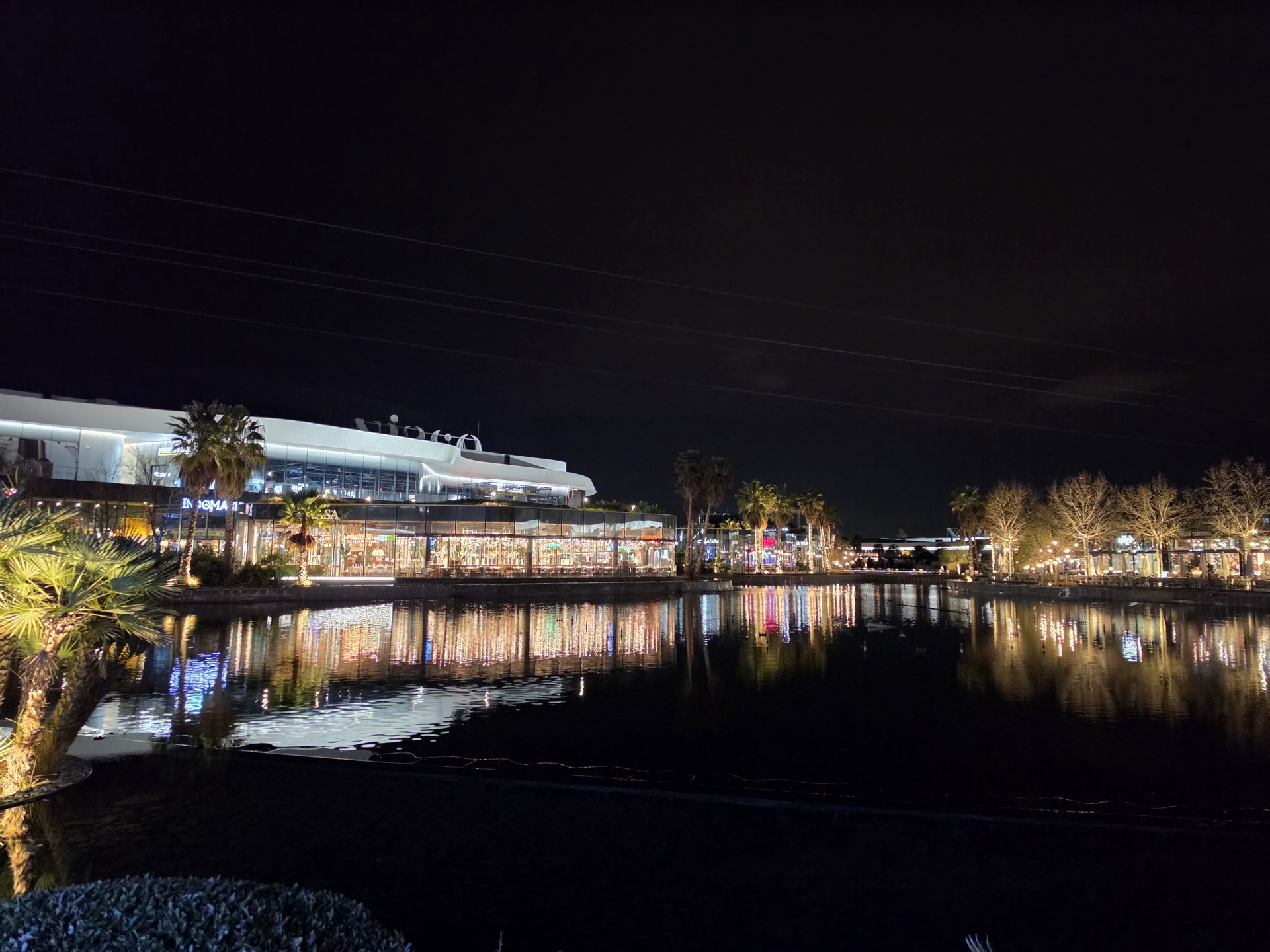 Centro comercial iluminado reflejado en el lago por la noche, rodeado de palmeras y vegetación.