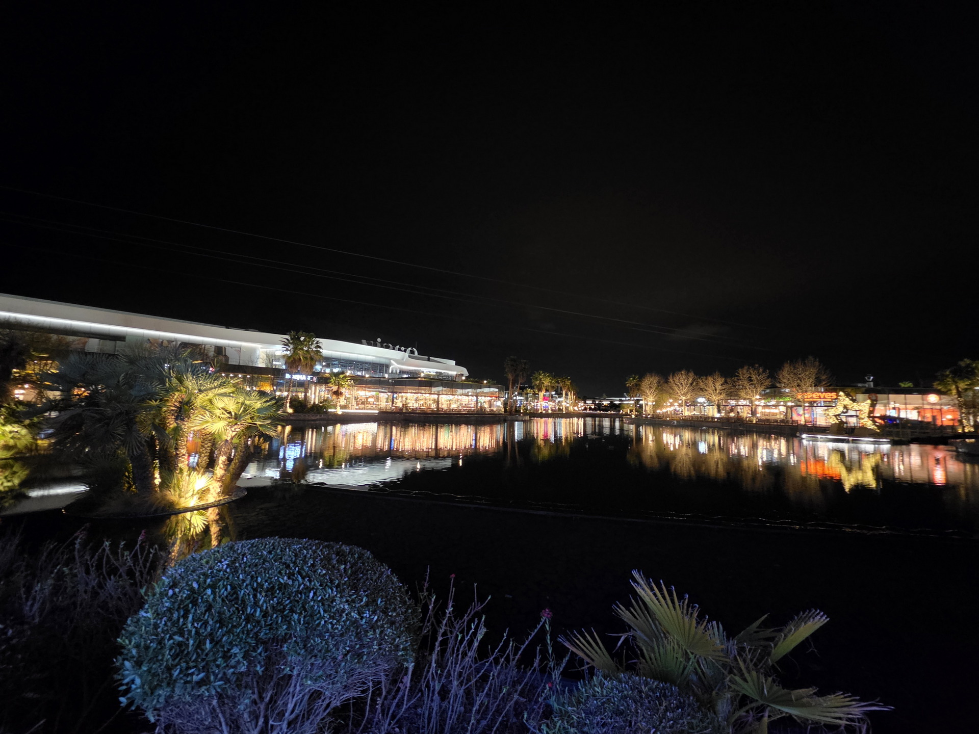 Centro comercial iluminado por la noche con reflejos en el lago y palmeras en primer plano.