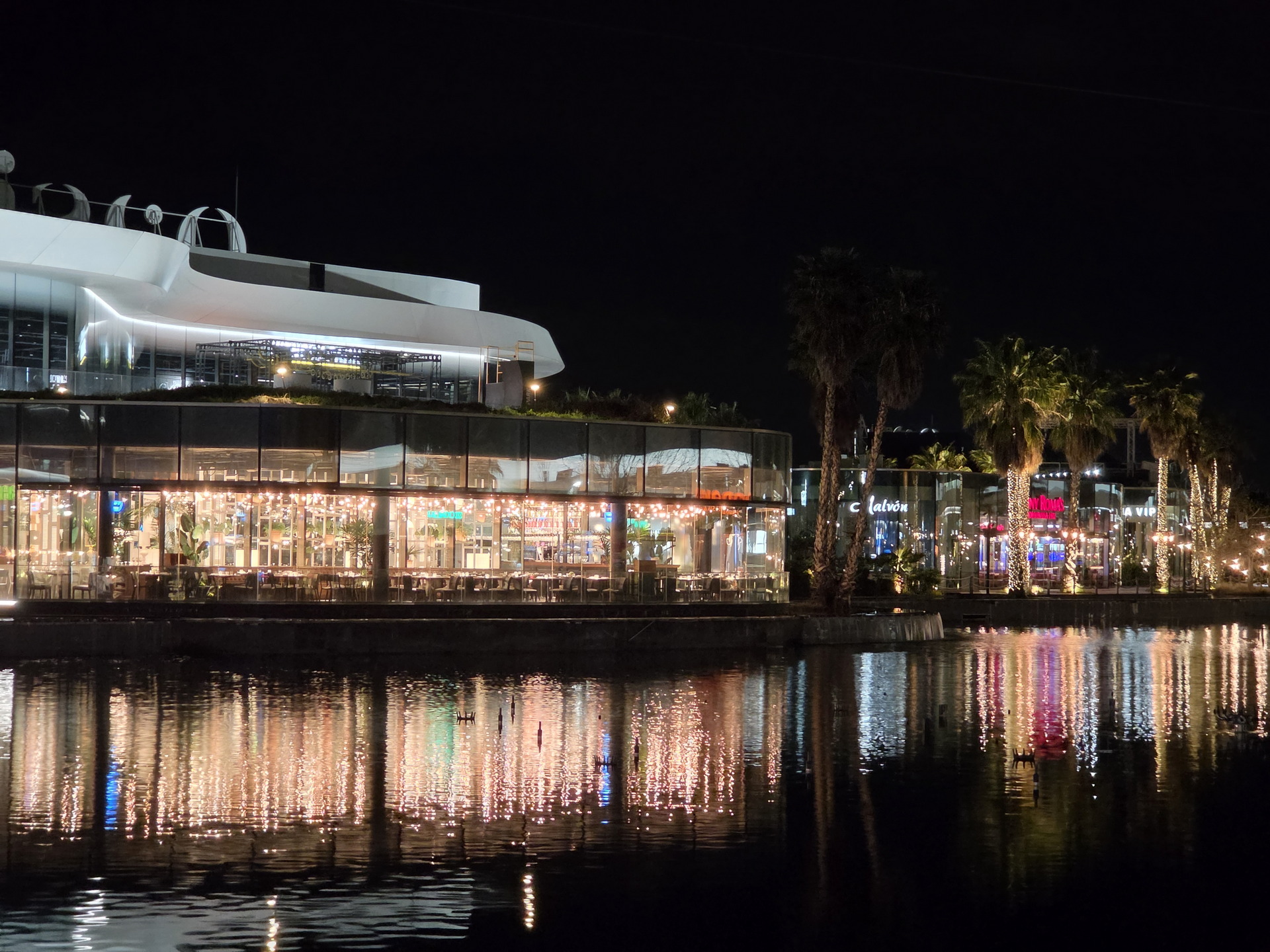 Centro comercial iluminado de noche con reflejos en el agua, palmeras y ambiente moderno.