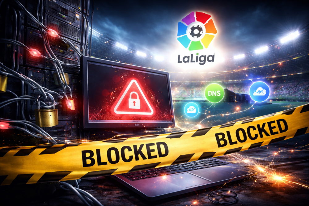 Francia respalda los bloqueos de LALIGA mientras crece el caos en España Advertencia de bloqueo digital de La Liga en pantalla de estadio, con cintas y candados de seguridad.