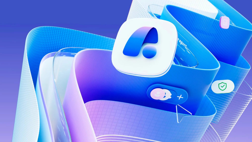 Microsoft Teams está recibiendo nuevas funciones de IA: Estas son las novedades Diseño abstracto azul y morado con formas futuristas y un ícono central resaltado en un fondo degradado azul.