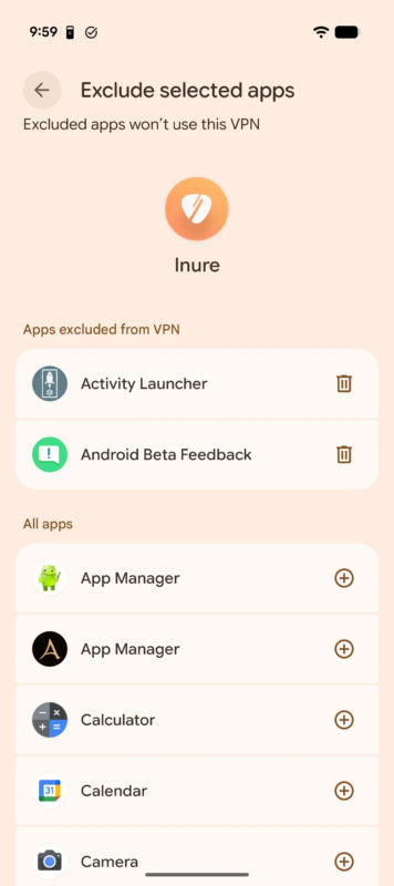 Pantalla de configuración para excluir apps de un VPN en Android, con opciones de aplicaciones seleccionadas.