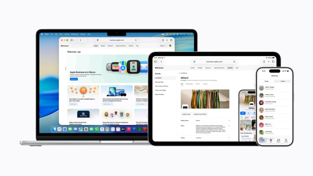 Apple Business: la nueva plataforma todo en uno para empresas ya es oficial Configuración de Apple Business en MacBook, iPad y iPhone para gestión empresarial eficaz y conectada.