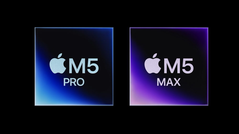 Apple M5 Pro vs. M5 Max: Diferencias, rendimiento y salto en inteligencia artificial Chips Apple M5 Pro y M5 Max en fondo negro, iluminados en azul y púrpura respectivamente.