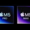 Apple M5 Pro vs. M5 Max: Diferencias, rendimiento y salto en inteligencia artificial Chips Apple M5 Pro y M5 Max en fondo negro, iluminados en azul y púrpura respectivamente.