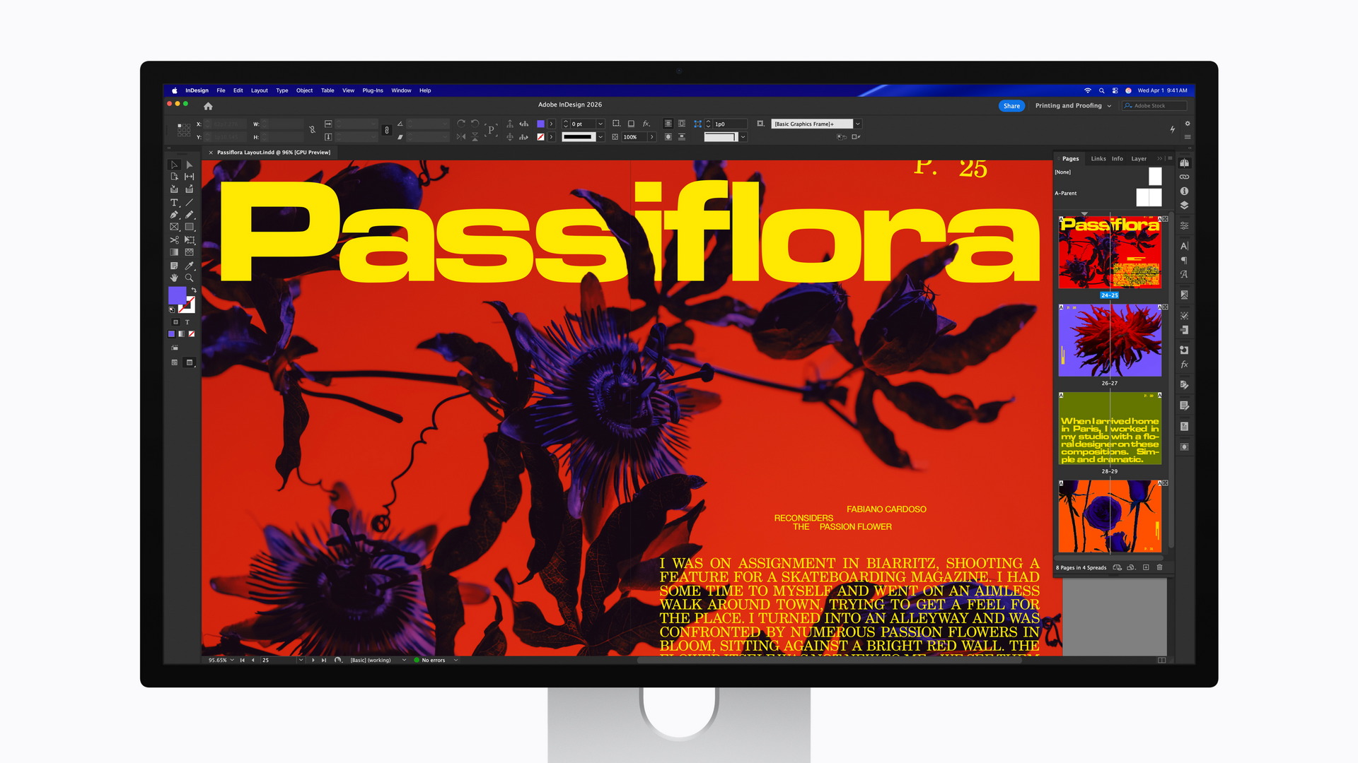 Pantalla de diseño gráfico en Adobe InDesign con texto Passiflora y fondo rojo vibrante.