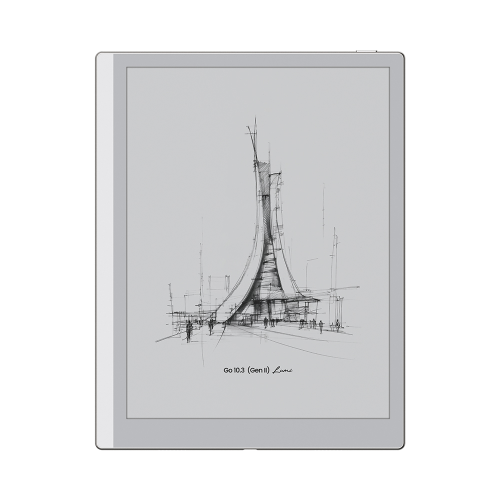 Boceto arquitectónico en pantalla de e-reader Boox, elegante diseño en tinta electrónica.